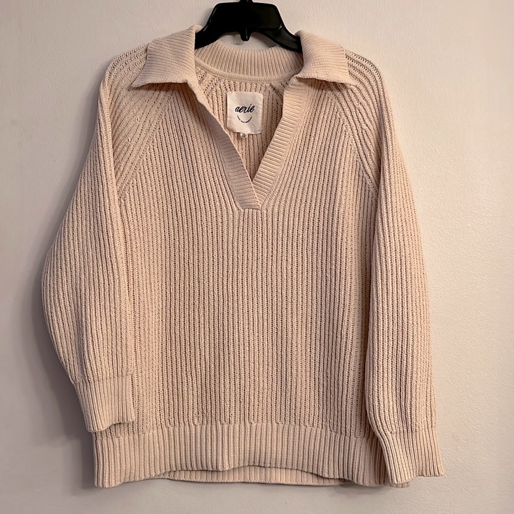 aerie Cream Ribbed V-Neck Collared Sweater
